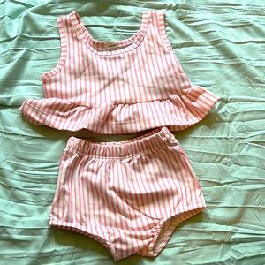 Two piece pink and white striped baby swimsuit, size 0-3 months